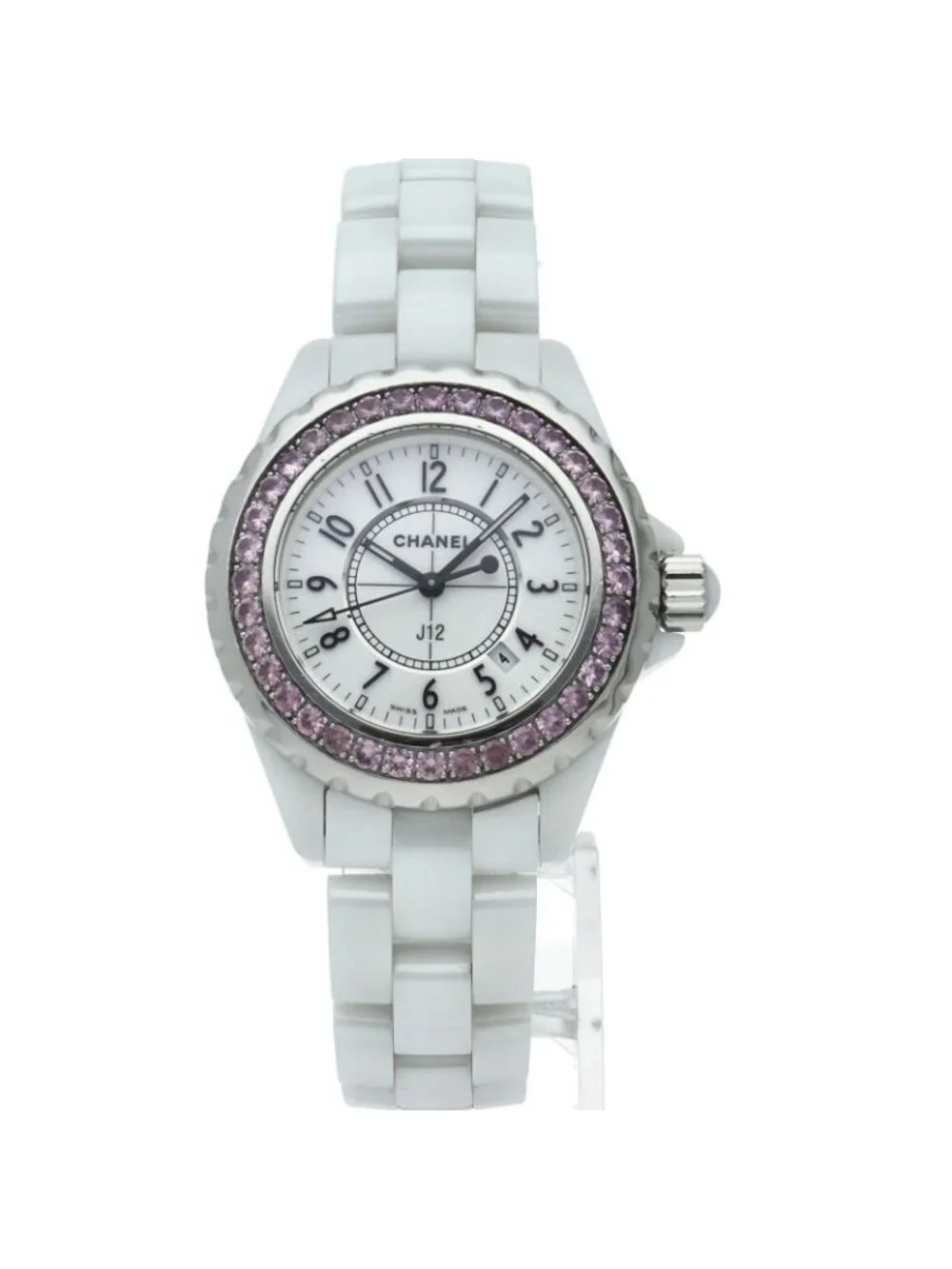 Chanel Watch 33 Pink Saffiano Bezel Box SS Ceramic White